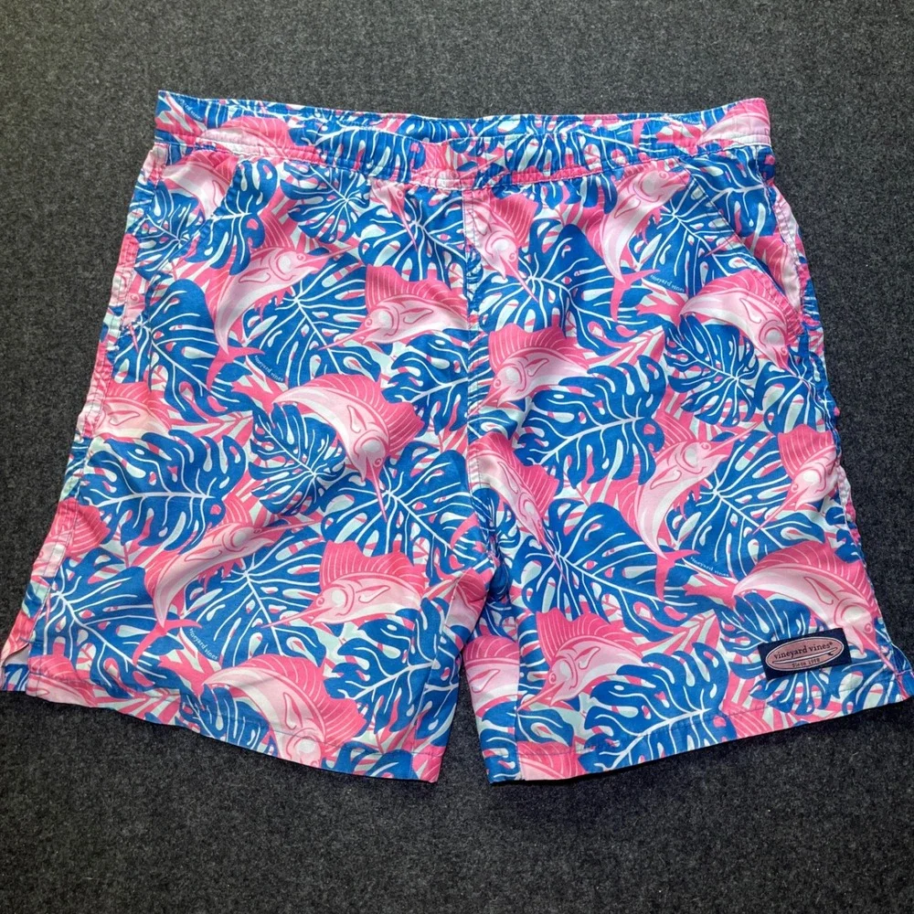 Vineyard Vines Swim Trunks Mens S Pink Blue Marlin Monstera Print